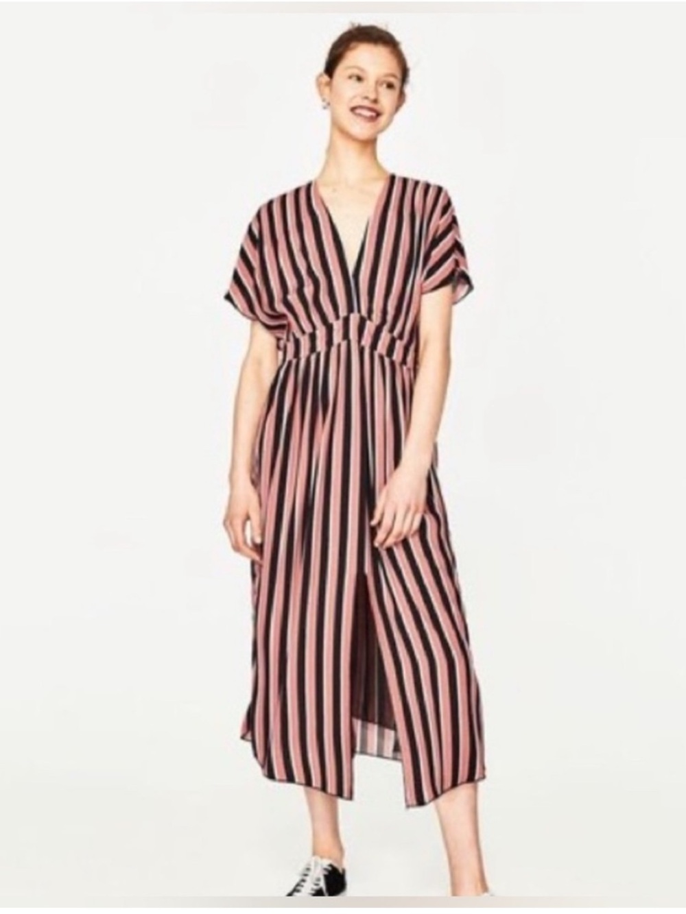 Zara Pink & Black Striped Midi Dress Size S